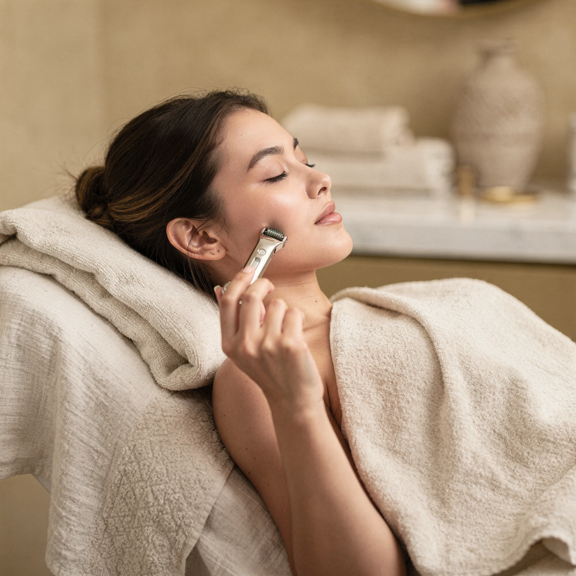 Patient receiving microneedling treatment on her cheek during a facial procedure